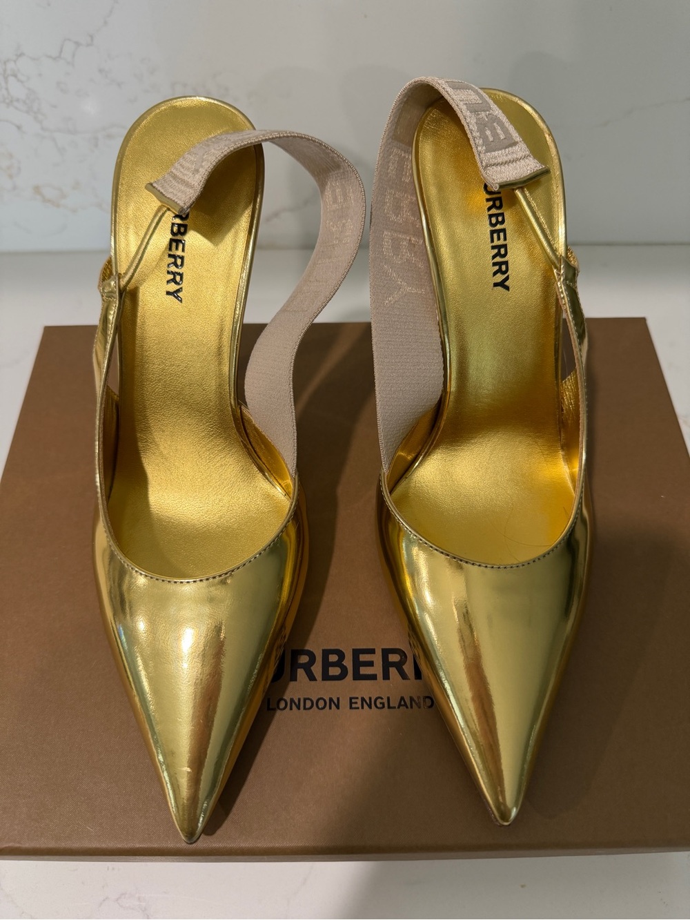 Burberry Metallic Gold Pointed Slingback Heels with Beige Elastic Straps